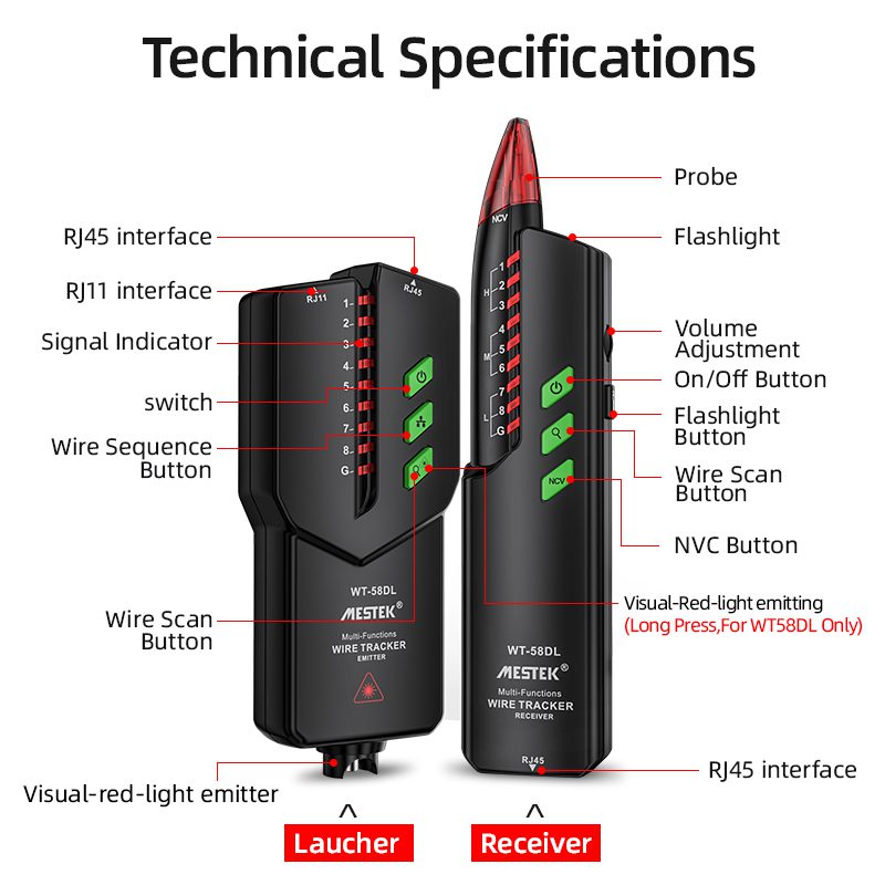 تستر کابل شبکه و ردیاب ولتاژ مستک (MESTEK) WT-58DL - تصویر 3