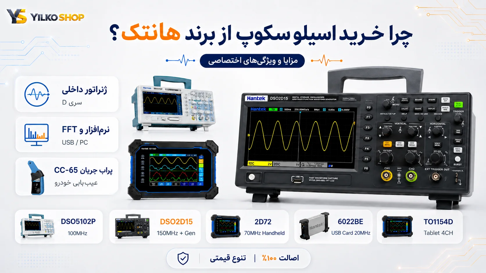 معرفی مزایا، ویژگیها و مدلهای مختلف اسیلوسکوپ Hantek شامل سریهای D، نرمافزار FFT، پراب جریان CC-65 و مدلهای DSO5102P، DSO2D15، 2D72، 6022BE و TO1154D.