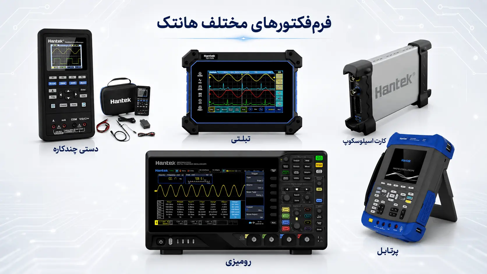 انواع فرم فکتورهای اسیلوسکوپ هانتک شامل مدلهای رومیزی، تبلتی، پرتابل و کارت اسیلوسکوپ