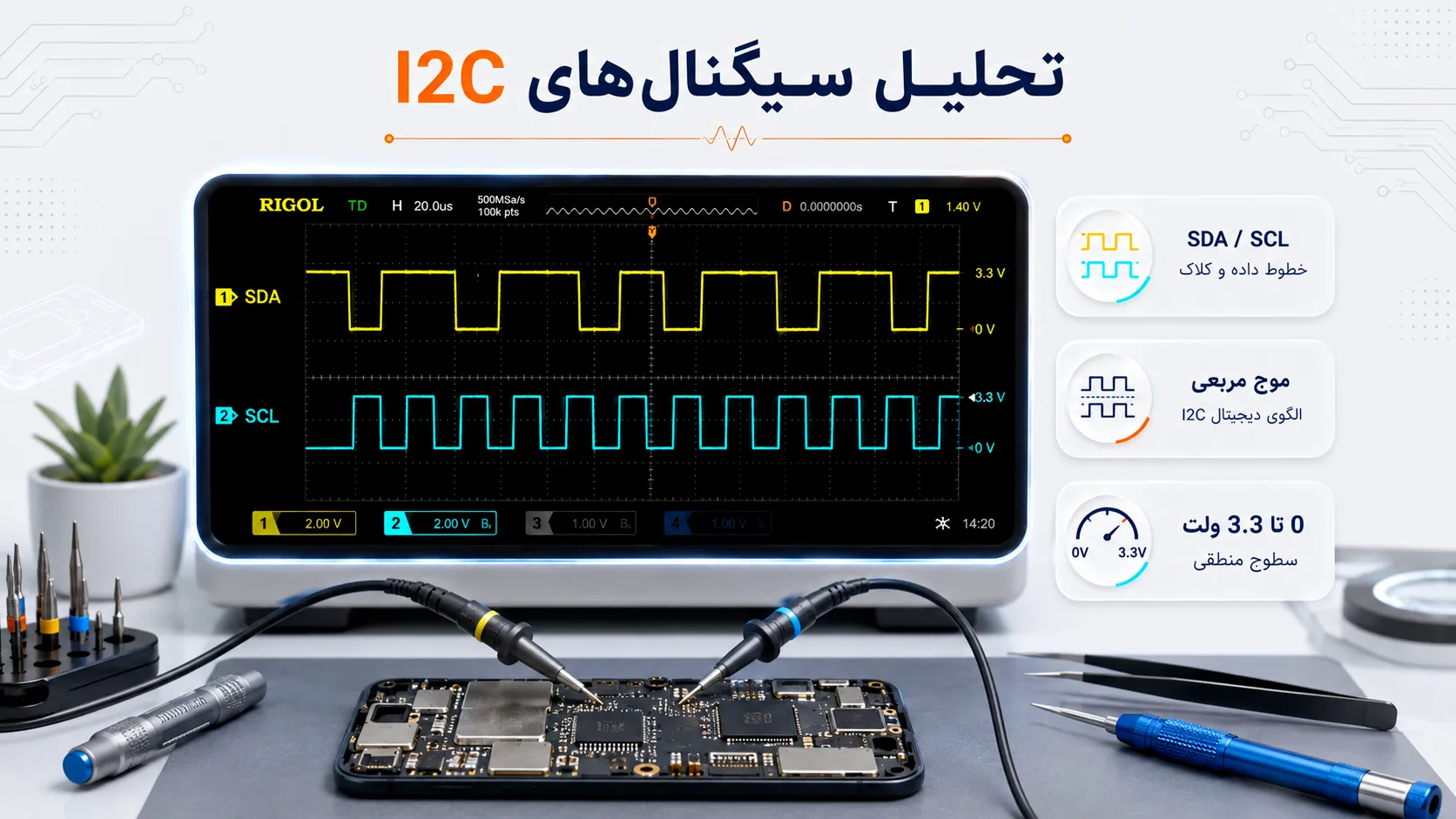مشاهده پالس های مربعی خطوط SDA و SCL با اسیلوسکوپ دو کاناله برای عیب یابی مدار شارژ و پردازنده گوشی