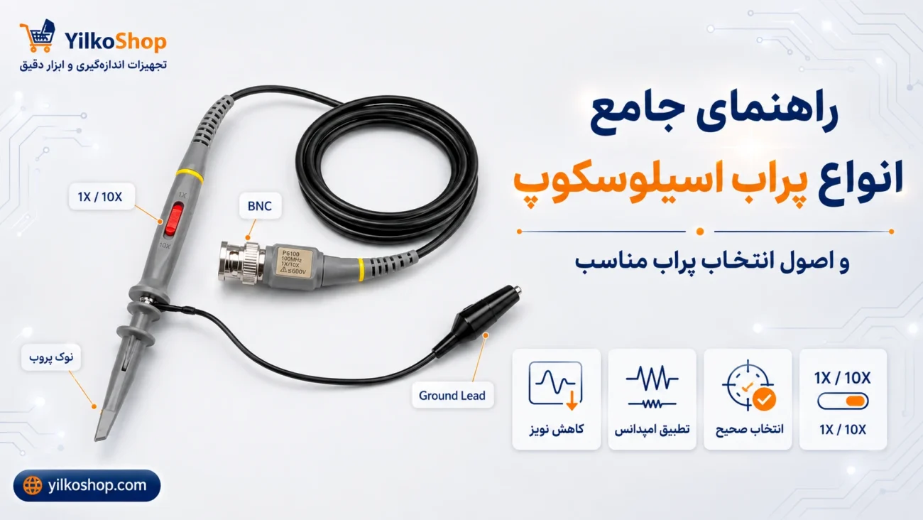 راهنمای انواع پراب اسیلوسکوپ شامل پراب پسیو، کانکتور BNC، نوک پراب و اصول انتخاب پراب مناسب