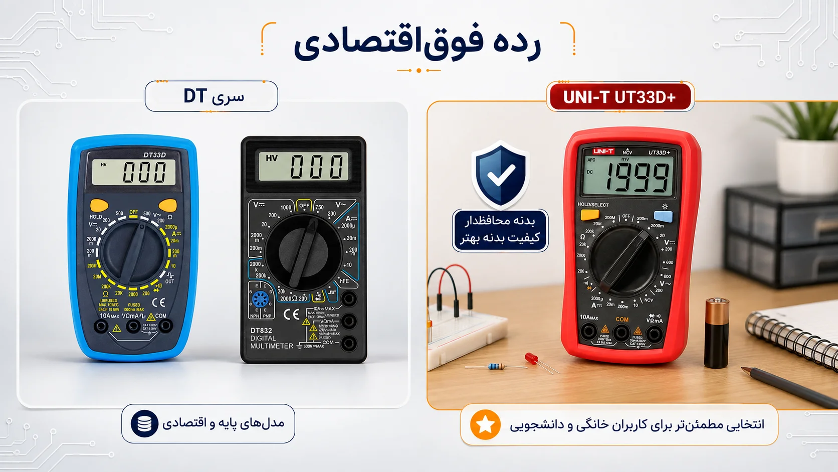 مقایسه مولتیمترهای اقتصادی سری DT با UNI-T UT33D برای مصارف عمومی و الکترونیک پایه