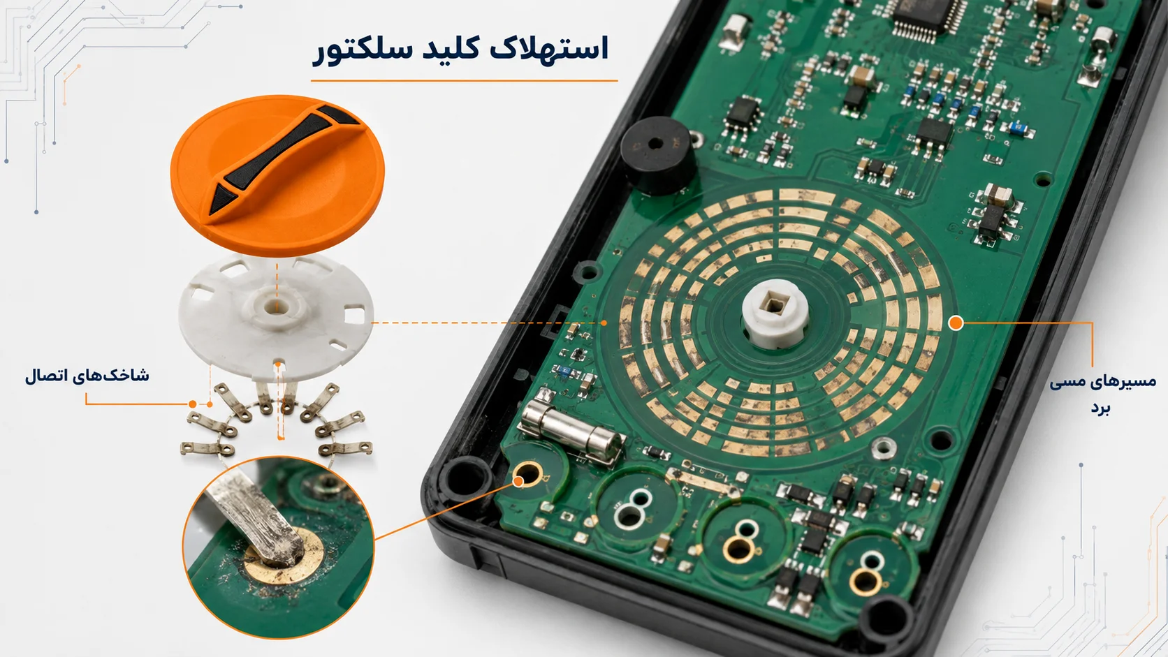استهلاک کلید سلکتور مولتیمتر و فرسودگی مسیرهای مسی و کنتاکتهای داخلی دستگاه